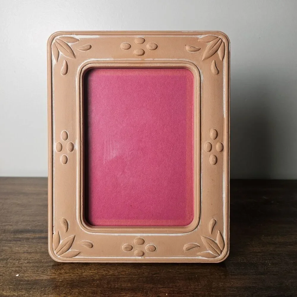 Vintage Terracotta Ceramic Photo Frame Embossed Floral Dusty Rose